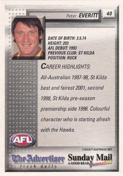 2003 Select The Advertiser-Sunday Mail AFL #40 Peter Everitt Back